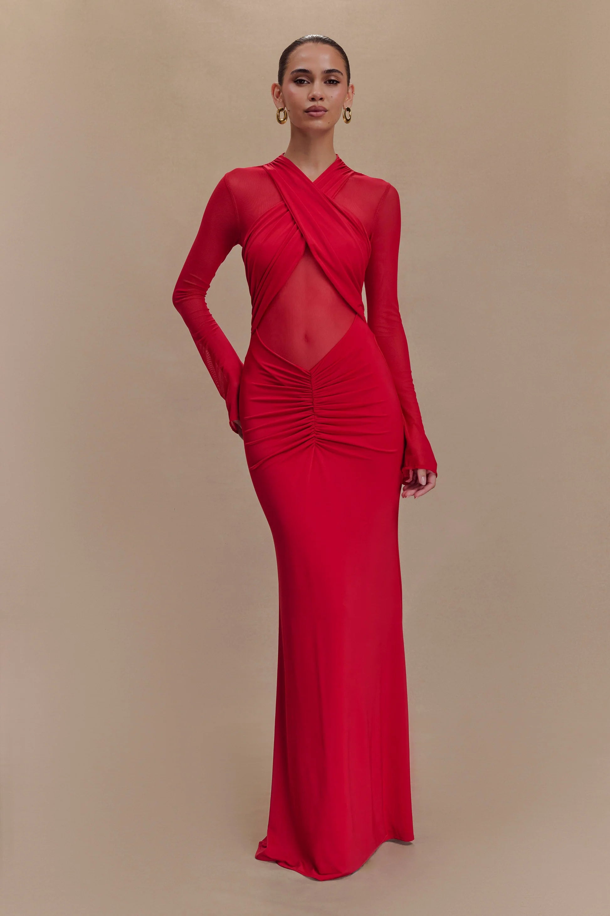 Flowering Girl Women Slinky Mesh Long Sleeve Maxi Dress In Ruby