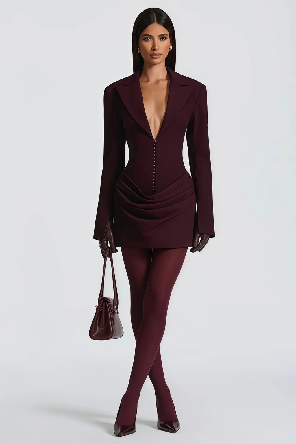 Flowering Girl Women Amelia v-Neck Ruched Blazer Mini Dress In Wine Red