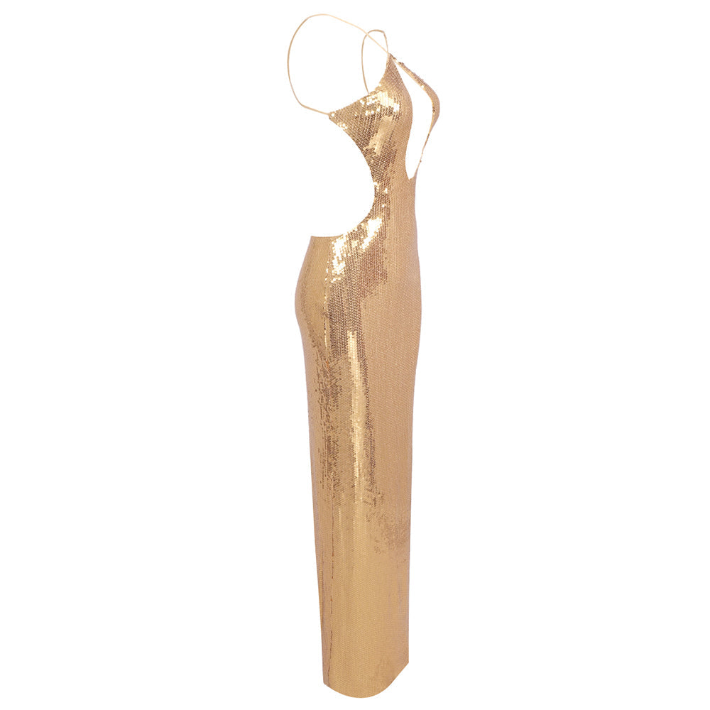Flowering Girl Women sequin hollow bodycon maxi dress in gold