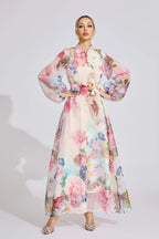 Vivien Pink Floral Printed Lantern Sleeve Maxi Dress