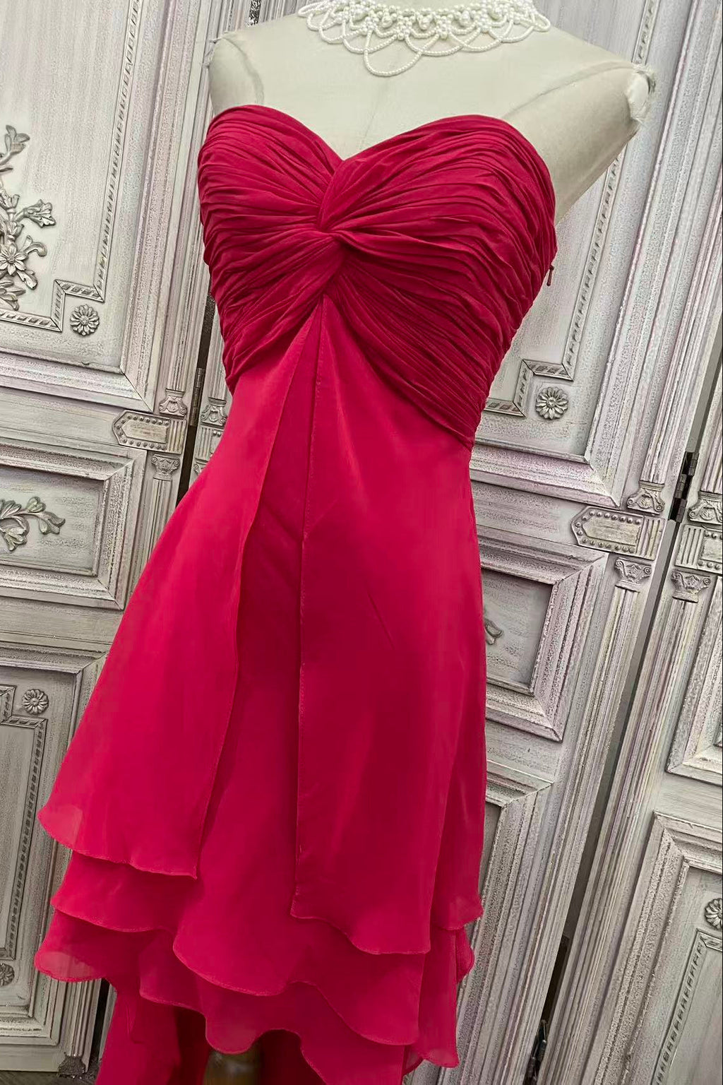 Red Strapless Chiffon High-Low Evening Dress