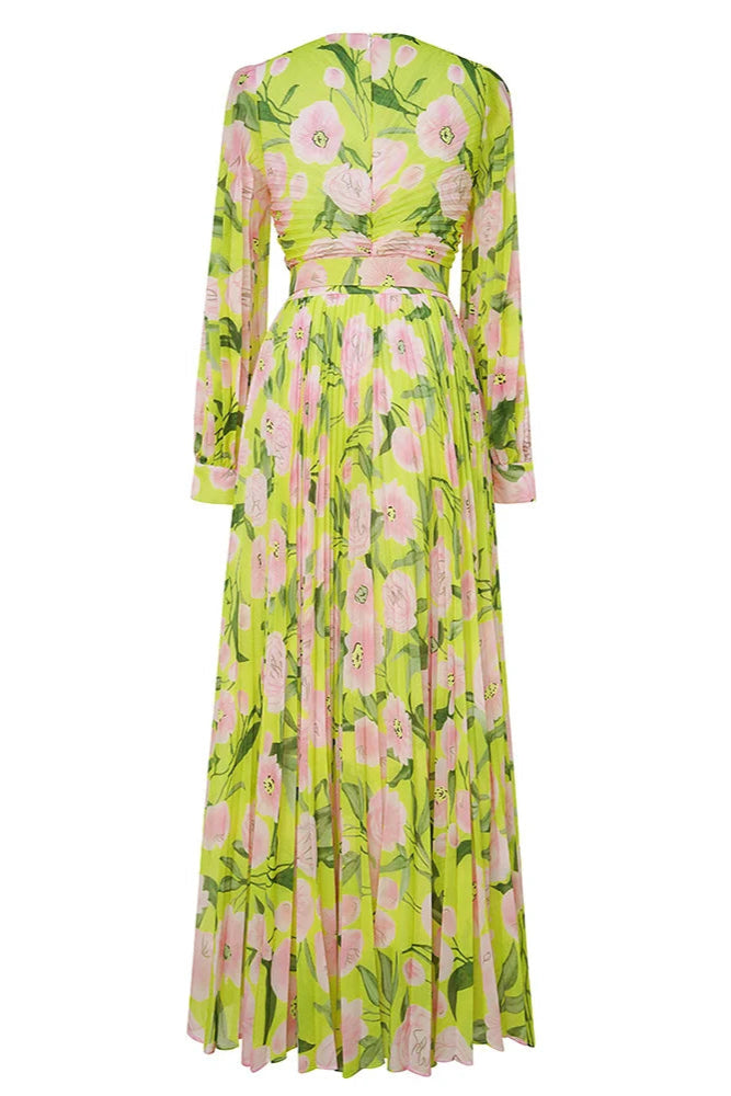 Flowering Girl Women V-Neck Silk Printed Pleated Maxi Dress In Yellow