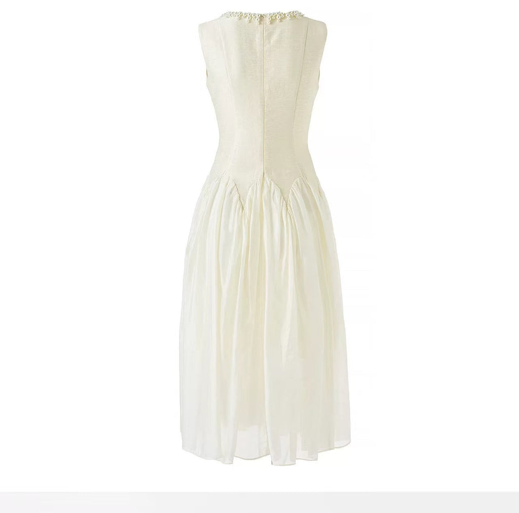 Sleeveless Midi Dress With Tulle Skirt And Pearl Embellished Collar - Ivoire