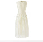 Sleeveless Midi Dress With Tulle Skirt And Pearl Embellished Collar - Ivoire
