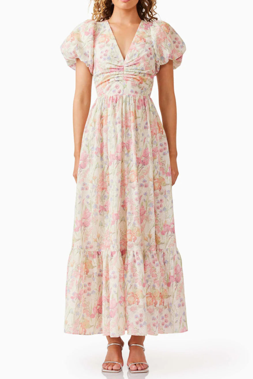 Flowering Girl Women V-Neck Puff Sleeves Floral Maxi Dress In Pink