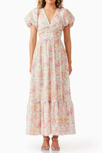 Flowering Girl Women V-Neck Puff Sleeves Floral Maxi Dress In Pink