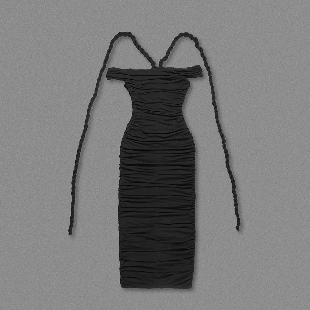 Flowering Girl Women cara black off-shoulder ruched bodycon maxi dress with rope embellished