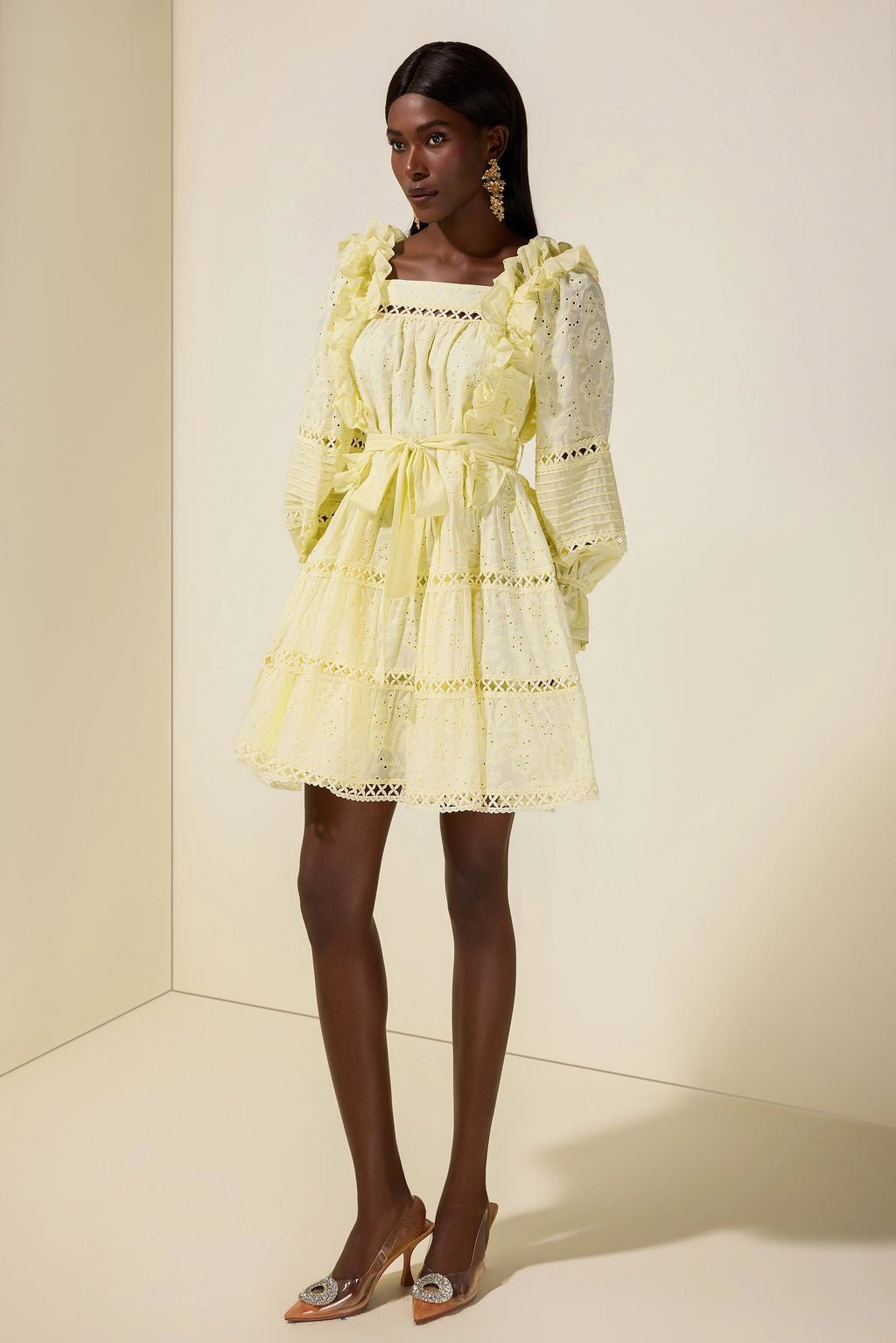 Flowering Girl Women victoria Embroidered hollow Ruffle Mini Dress - yellow