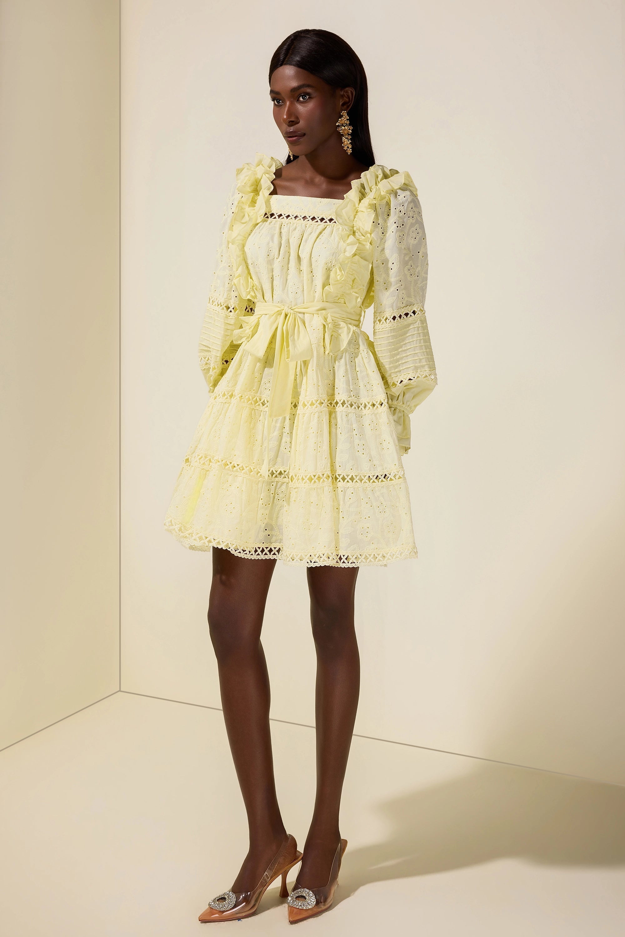 Flowering Girl Women victoria Embroidered hollow Ruffle Mini Dress - yellow