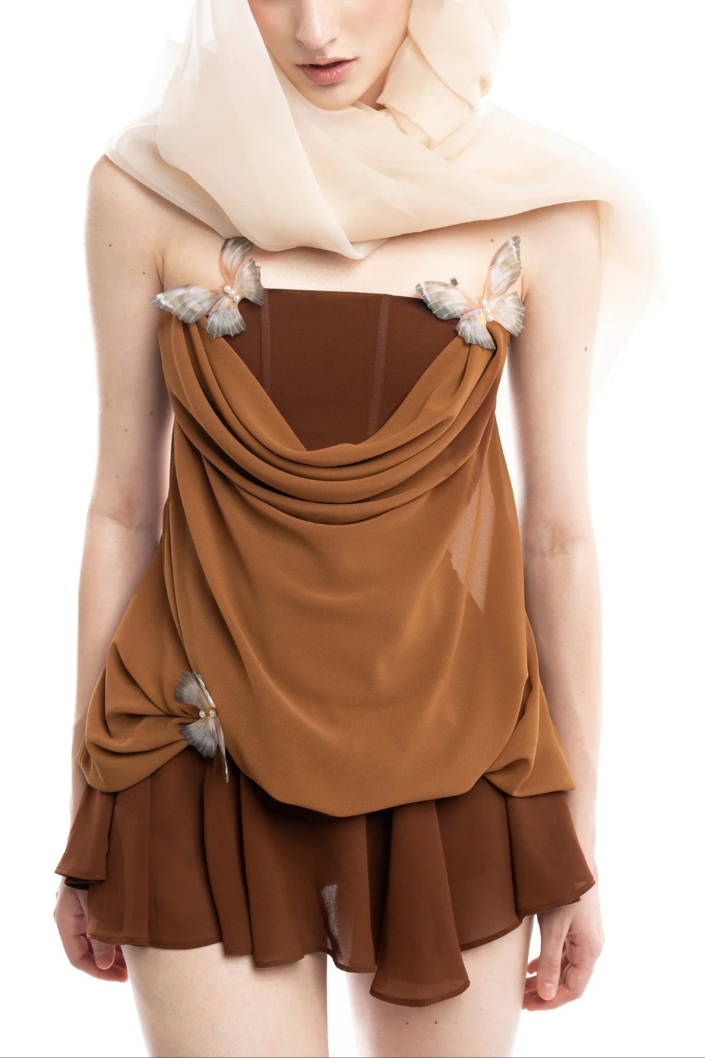 Flowering Girl Women Brown 3d Butterfly Fishbone Tunic Top Mini Skirt Set