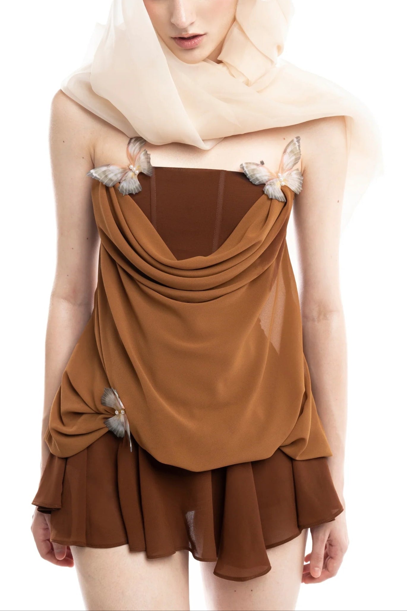 Flowering Girl Women Brown 3d Butterfly Fishbone Tunic Top Mini Skirt Set