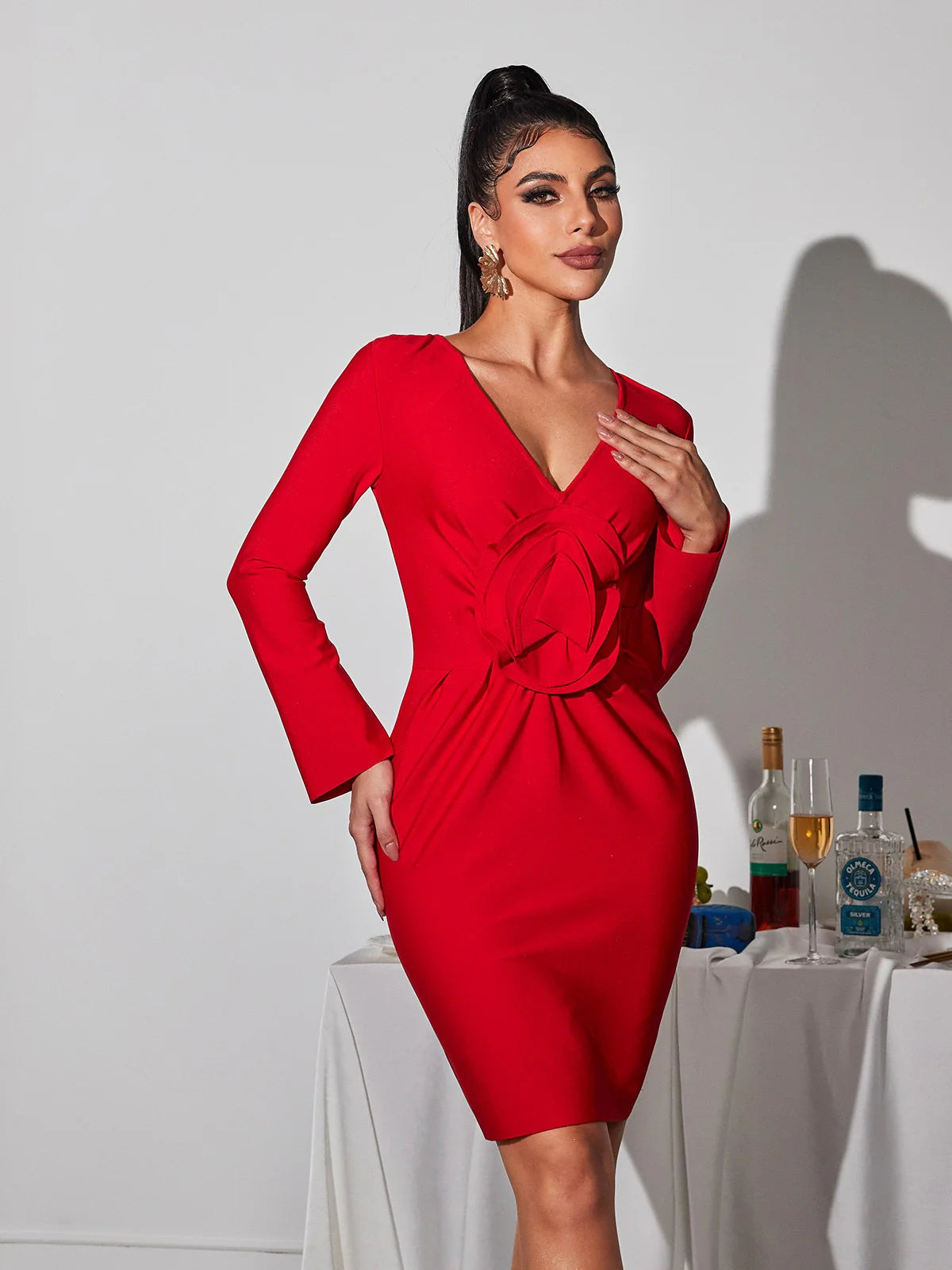 Flowering Girl Women Bertilde V Neck Flower Mini Dress in red