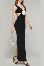 Flowering Girl Women Flower V-Neck Hollow Out Maxi Dress In Black