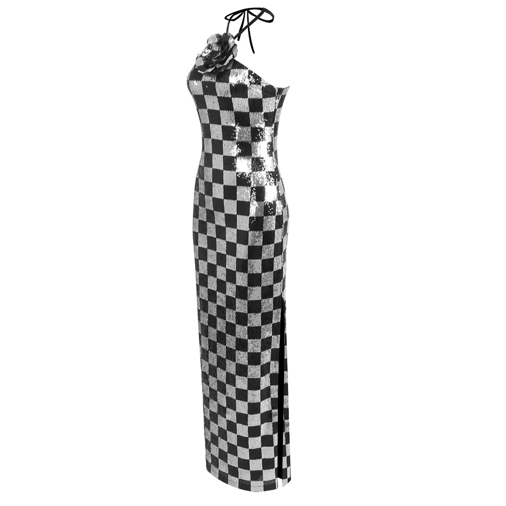 Flowering Girl Women checkerboard sequin halter gown with flower