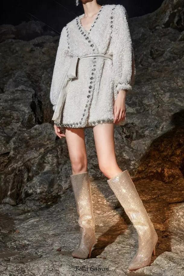 Beige V-Neck Long Sleeve Diamond Stud Coat