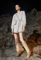 Flowering Girl Women Beige V-Neck Long Sleeve Diamond Stud Coat