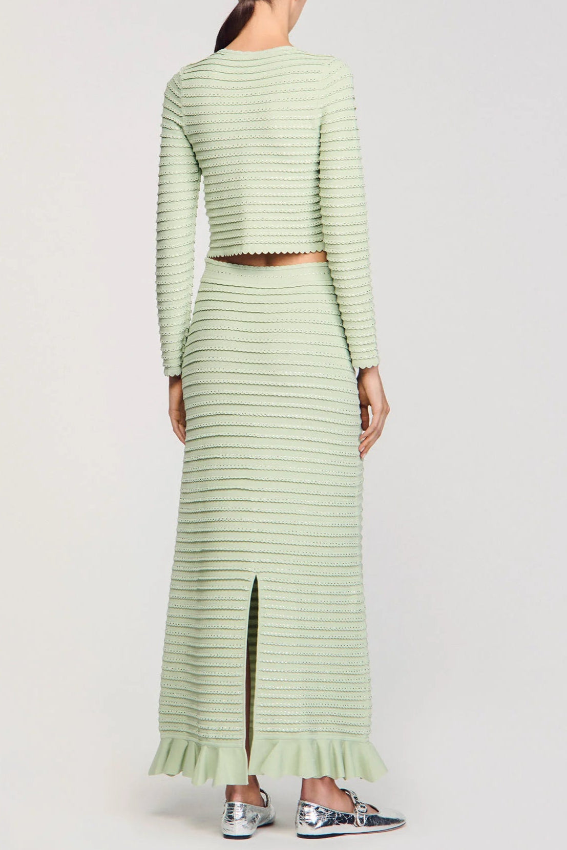 Flowering Girl Women Rhinestone Knit Maxi Skirt In Almond Green