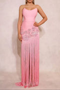 Ezgi Chic Contour Strapless Floral Fringe Bandage Maxi Dress