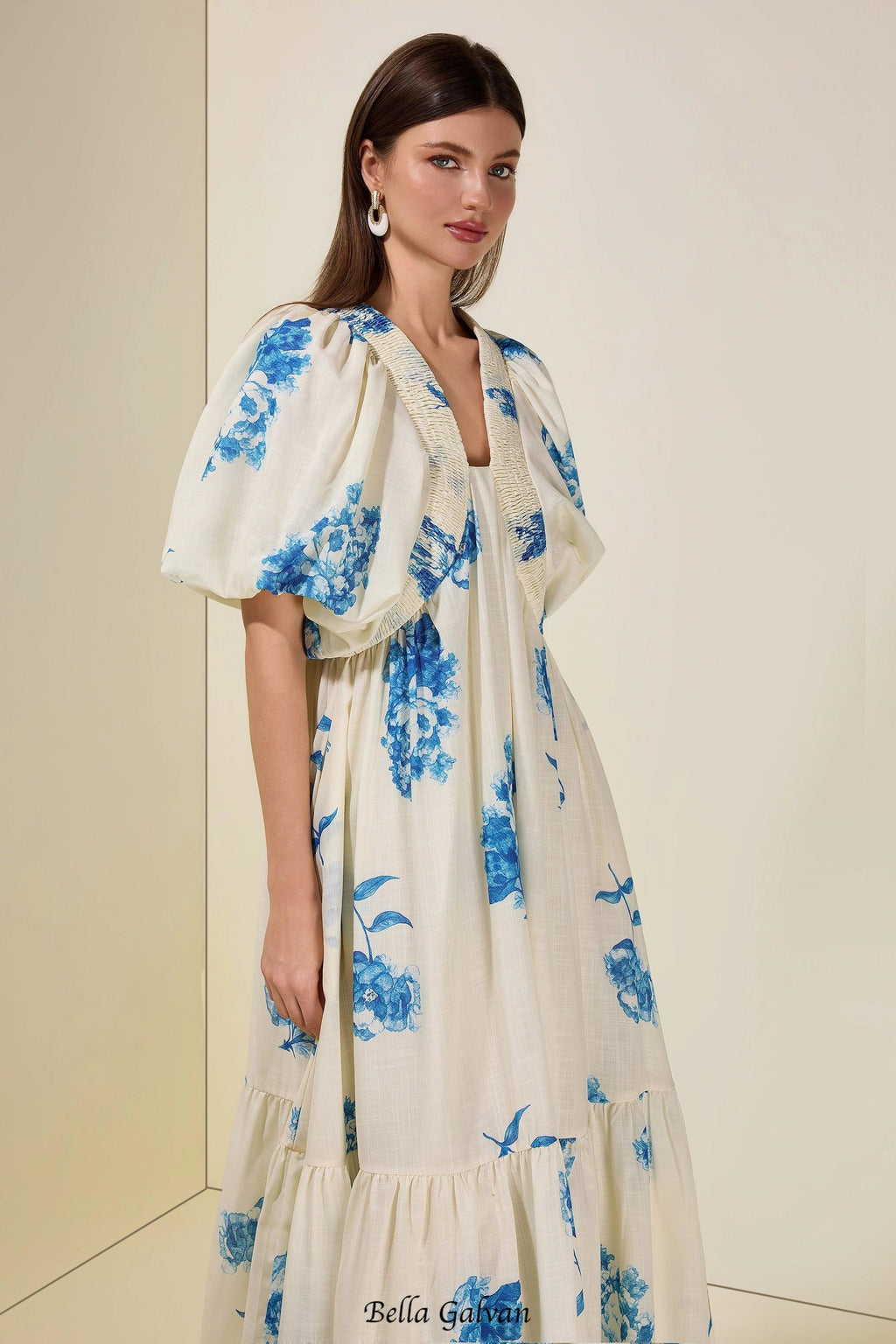 Flowering Girl Women susie Print Smocking Puff Sleeve Midi Dress - blue