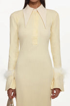 irma yellow Long Sleeve Feather Knit Maxi Dress