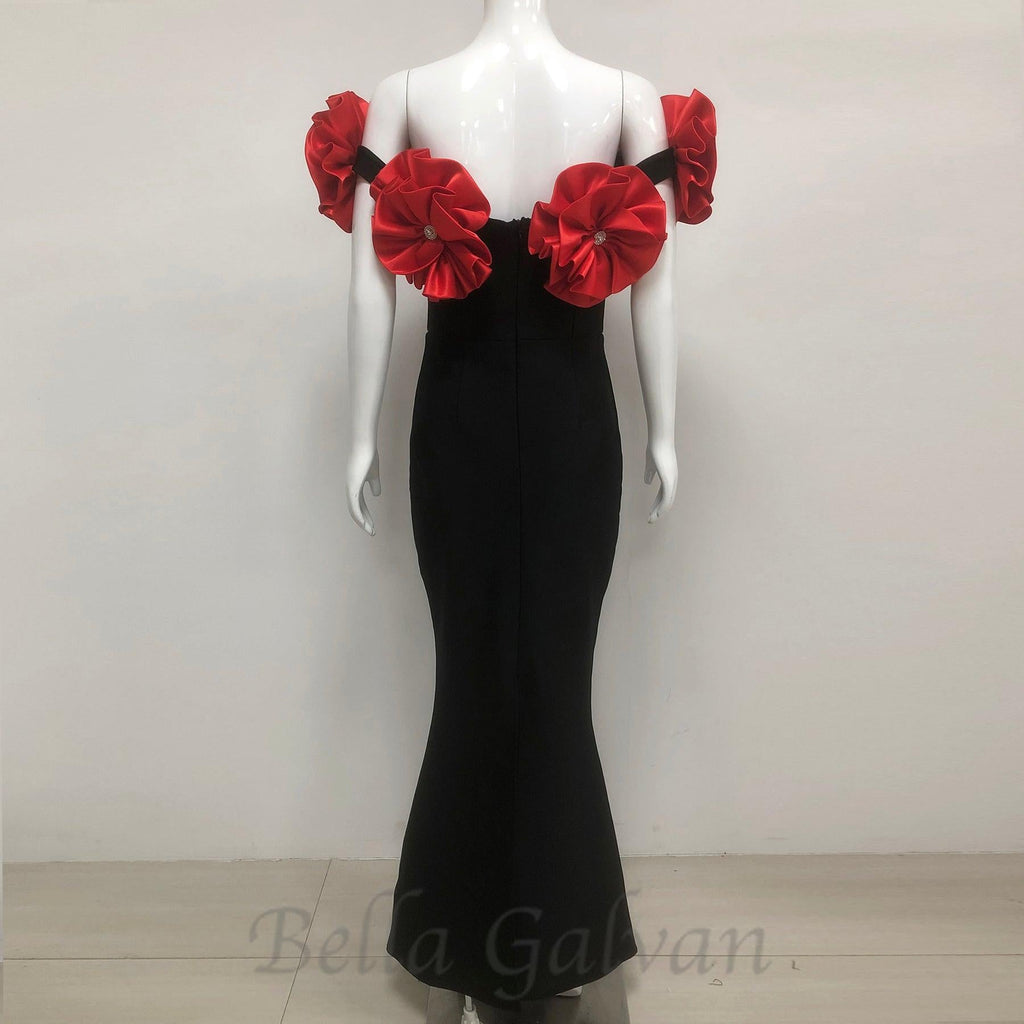 Flowering Girl Women red flower embellished strapless Bandage maxi dress