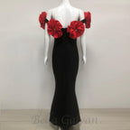 Flowering Girl Women red flower embellished strapless Bandage maxi dress