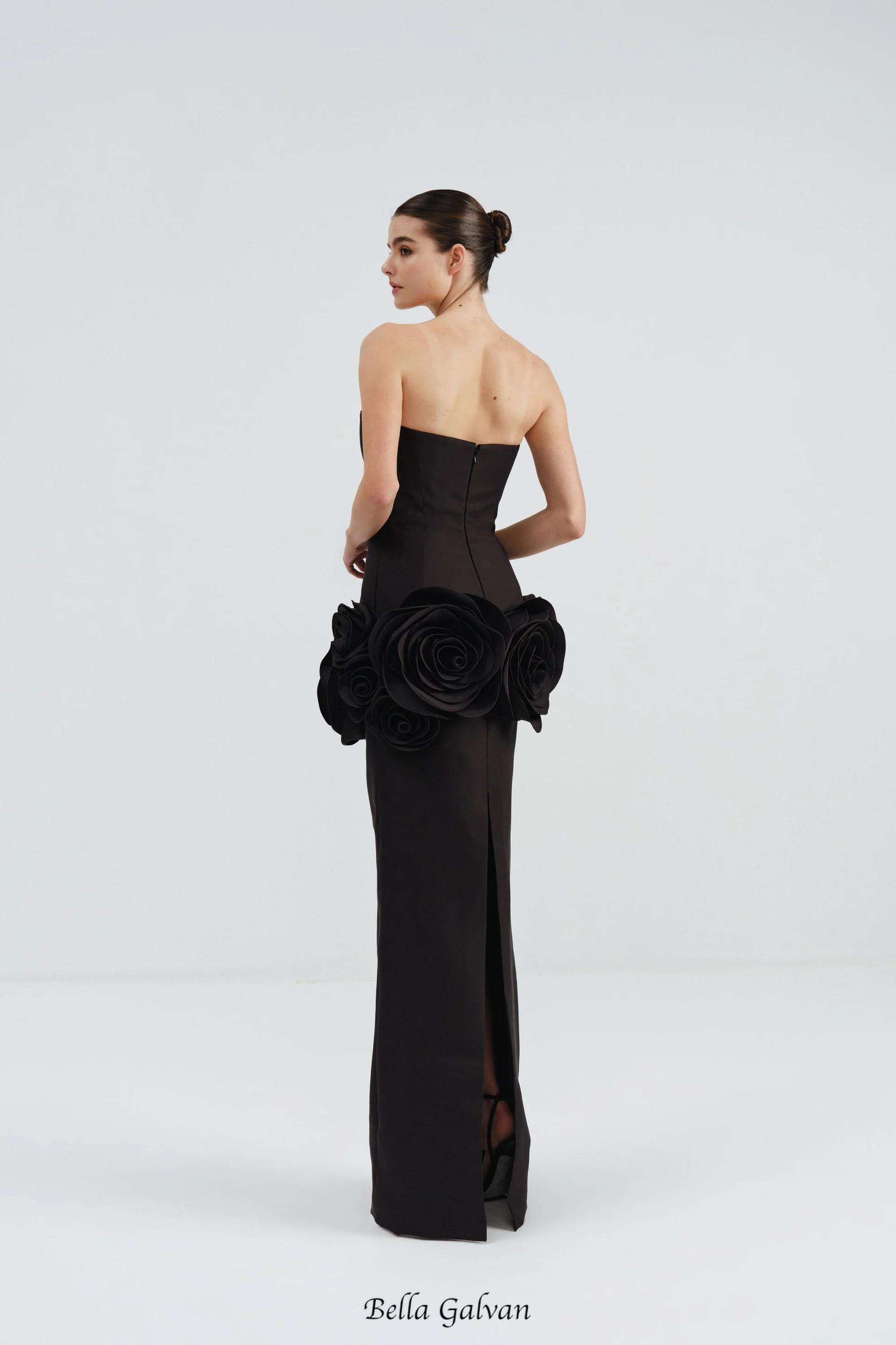 black strapless maxi dress with flower embellishments