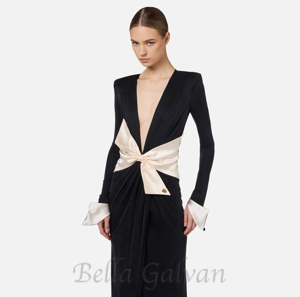 Flowering Girl Women bow black carpet dress in drape jersey