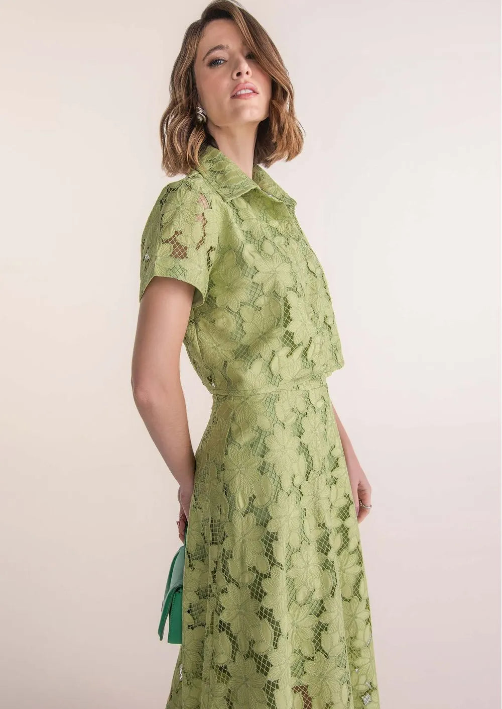 Flowering Girl Women guipure mesh midi skirt cropped set in green