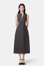 Flowering Girl Women asymmetric collar blazer midi dress in grey