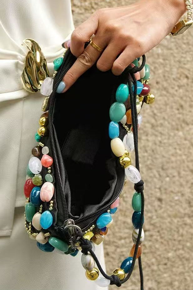 Beaded Crescent Shoulder Bag with Colorful Stone Embellishments