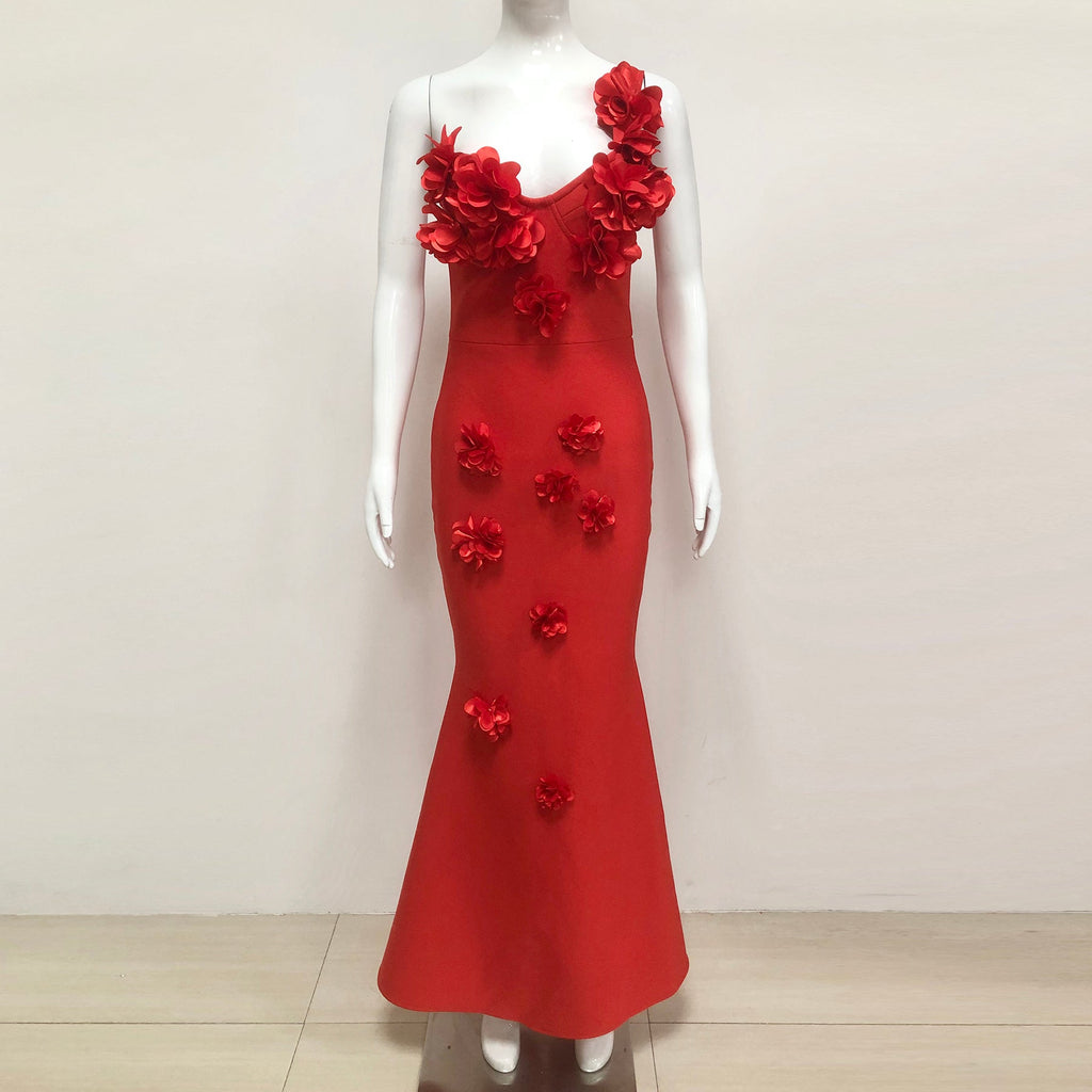 candice one-shoulder flower bodycon maxi dress in red
