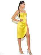 Flowering Girl Women Lemon Yellow Pleated Satin Mini Dress