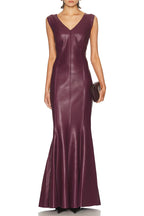 ophelia v-neck sleeveless leather maxi dress in burgundy