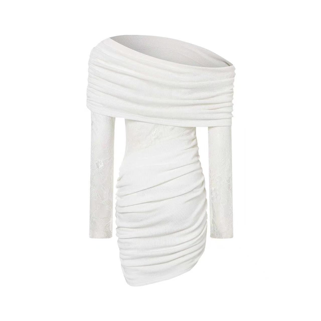 White Lace Strapless Spliced Knitted Mini Dress