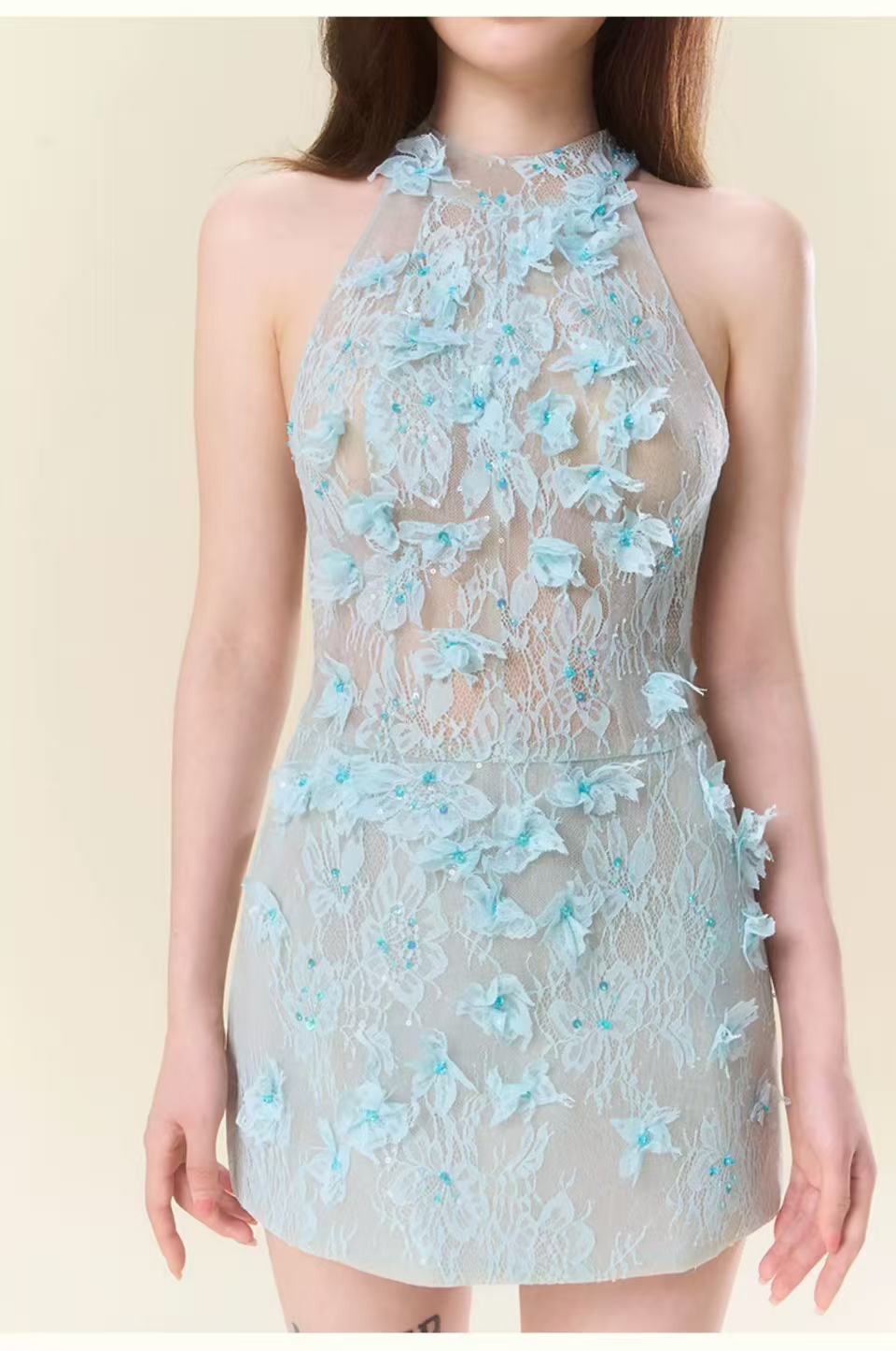 Flowering Girl Women Floral Lace Mini Dress In Blue