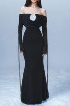 lila flower embellished pleated strapless maxi dress in black