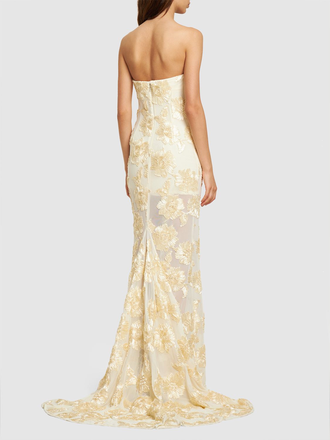 Flowering Girl Women Embroidered Strapless Gown In Apricot
