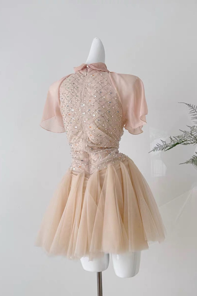 Sheer Mesh Rhinestone High Neck Tulle Mini Dress