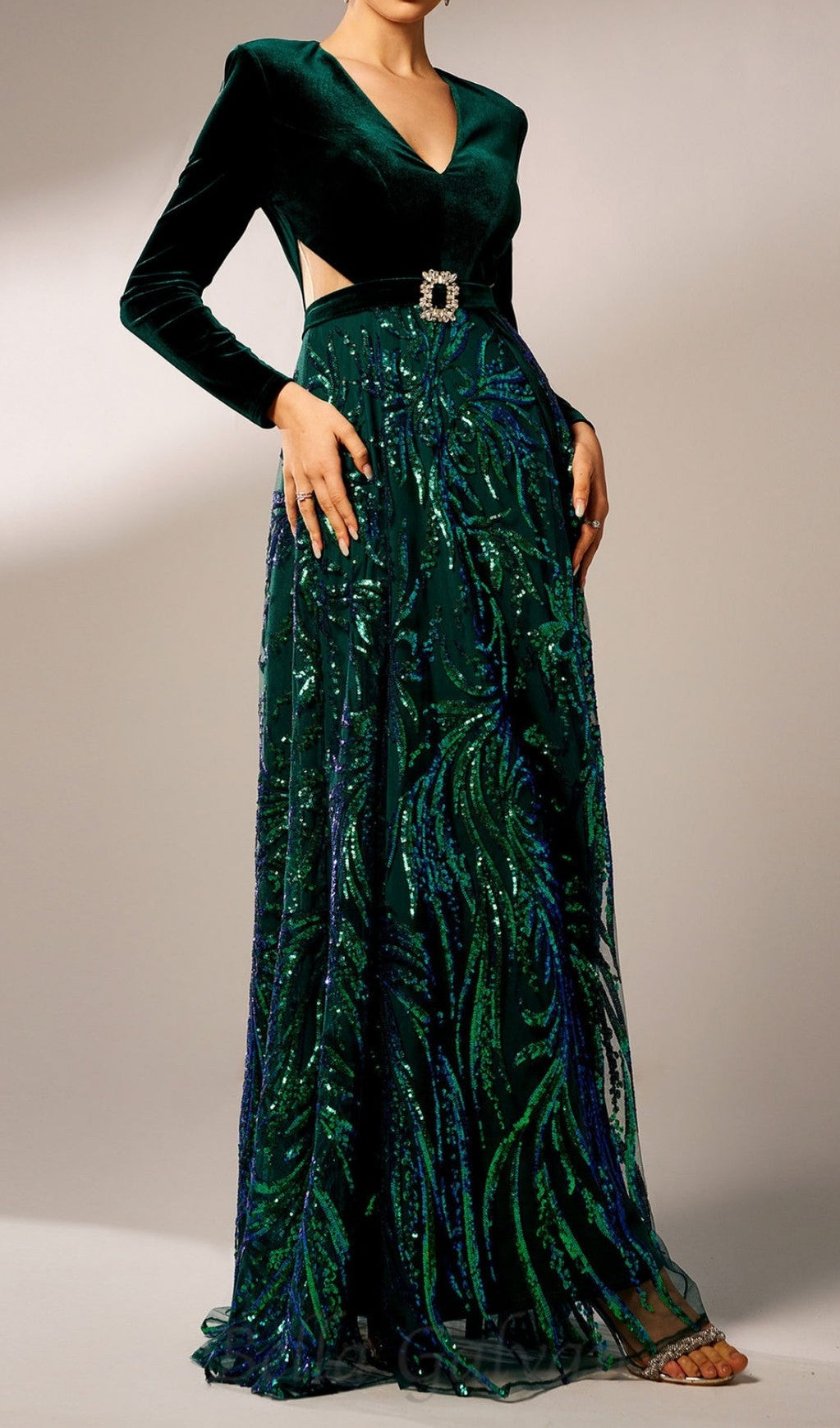 Flowering Girl Women high slit sequin long sleeve maxi dress in green
