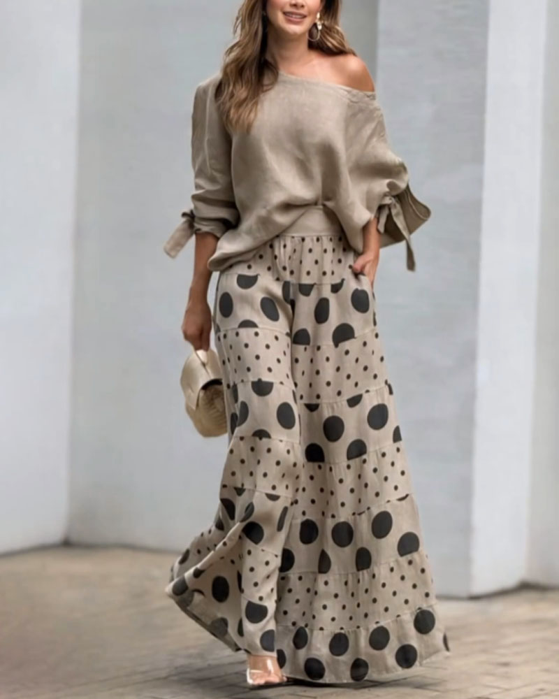 Flowering Girl Women Casual Shoulder Top & Printed Pants Two-Piece Set