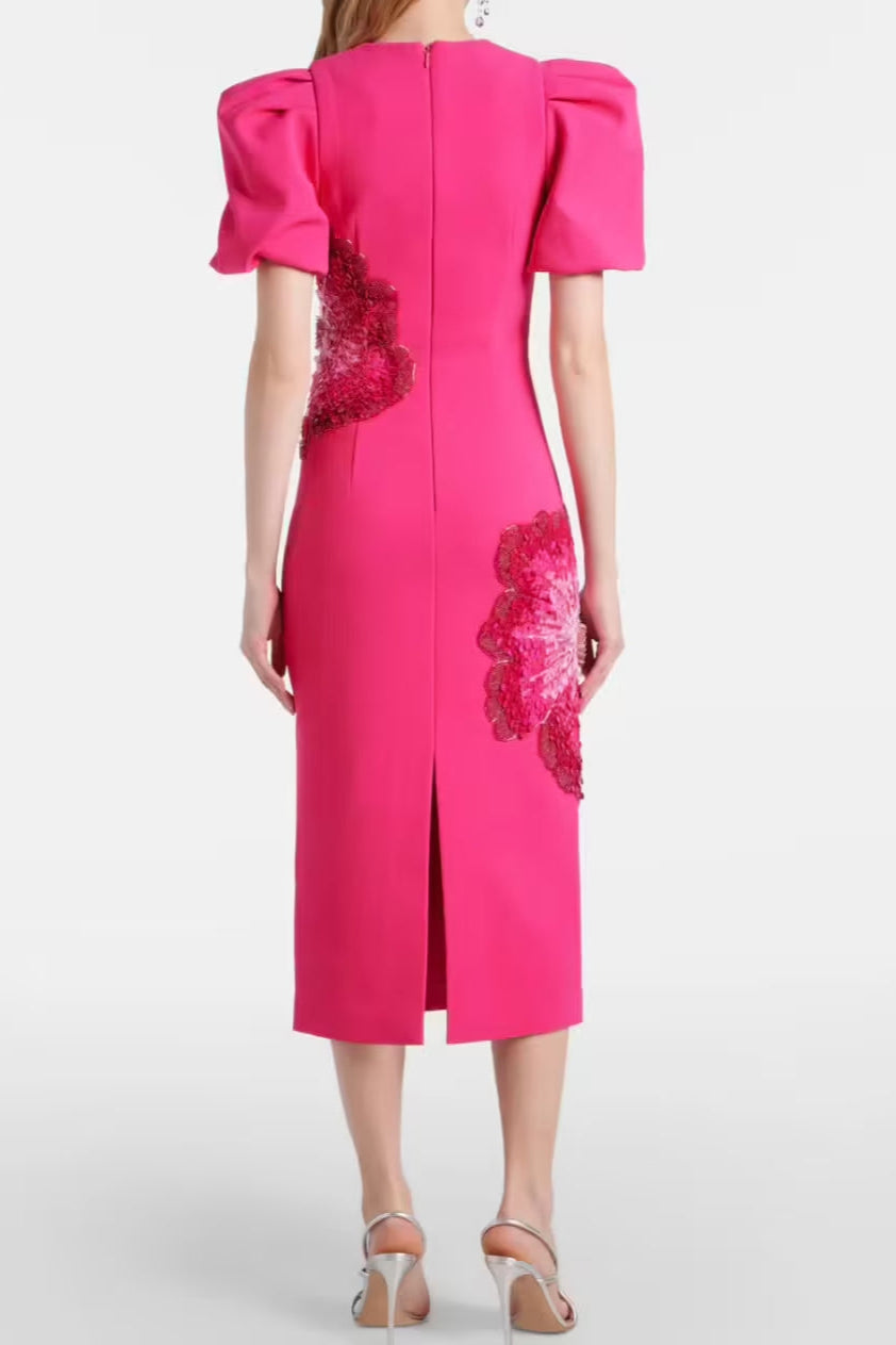 Flowering Girl Women Sequin Flower Embellished Puff Sleeve Midi Dress In Pink