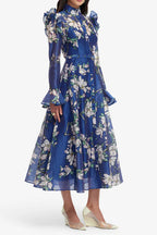 Flowering Girl Women Floral Print Butterfly Sleeve Maxi Dress - Midnight Blue