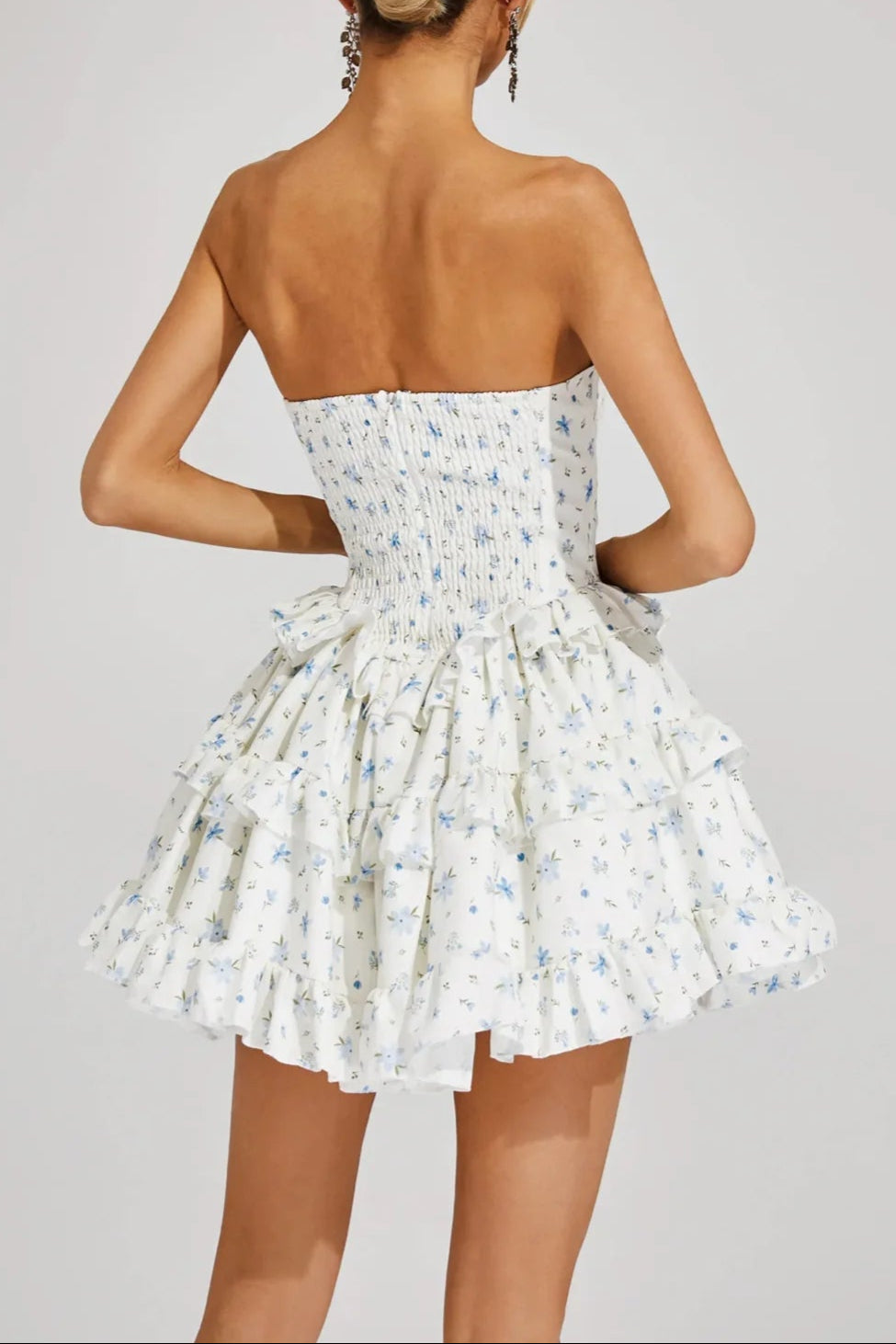Flowering Girl Women Martha Ruffle Printed Strapless Mini Dress In Blue