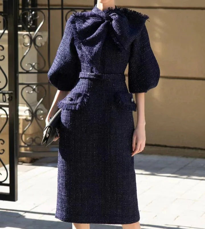 Mildred Tweed Bow Collar Midi Dress In Dark Blue