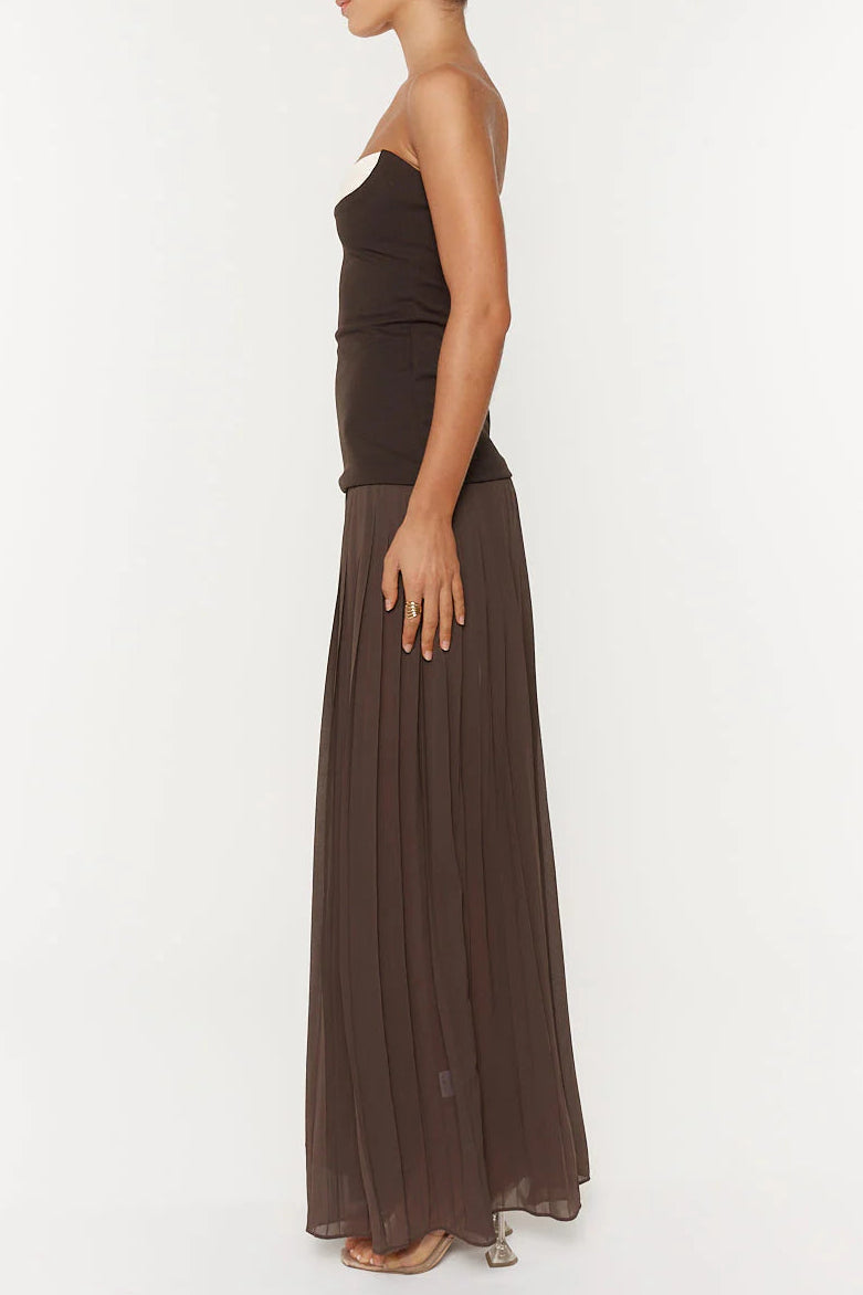 Nelly Pleated Detail Strapless Maxi Dress In Brown