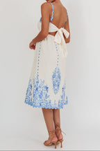 Blue Floral Print Back Tie-Up Midi Dress with Trim Band
