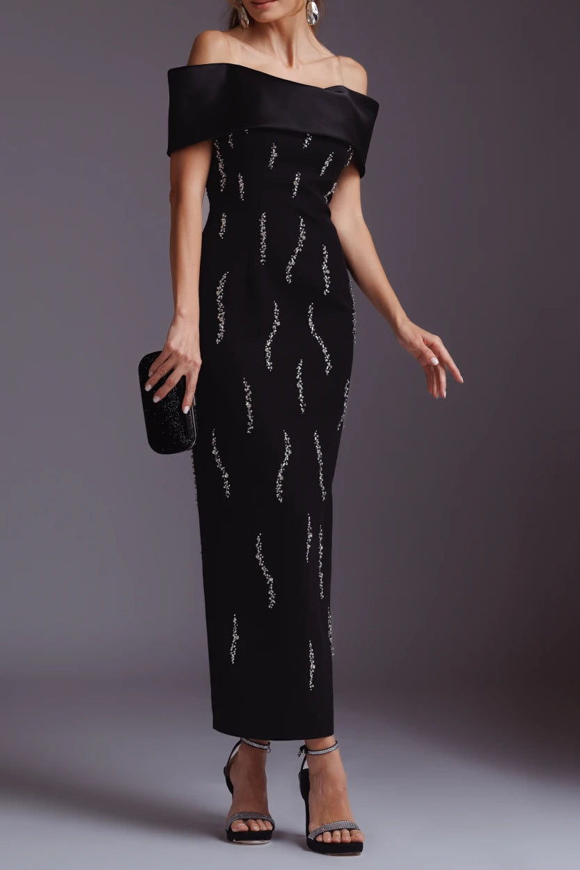 Laurel Off-Shoulder Rhinestone Bandage Maxi Dress In Black