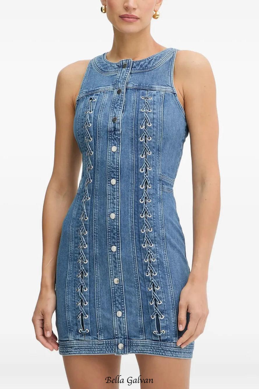 selena buttoned lace-up sleeveless mini dress in navy blue