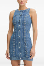 selena buttoned lace-up sleeveless mini dress in navy blue